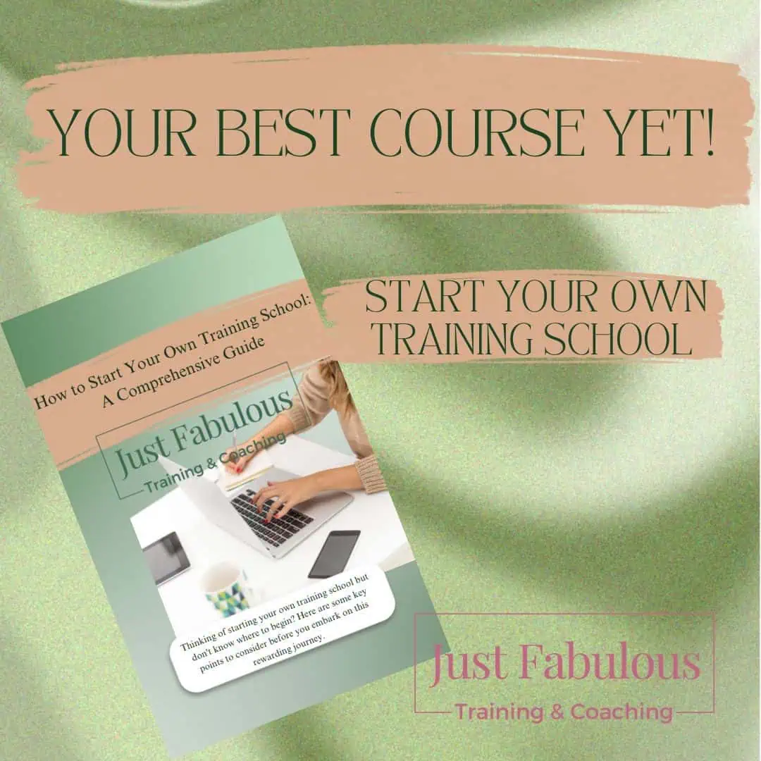 Your Best Course Yet! promo image to start your own training school. Image within image of How To Start Your Own Training School: A Comprehensive Guide with image of woman typing on an open laptop with cup, tablet and phone on white desk. Just Fabulous provide beauty & complementary therapy courses, LED, microneedling, peels, AET. Ofqual regulated, CPD & accredited training